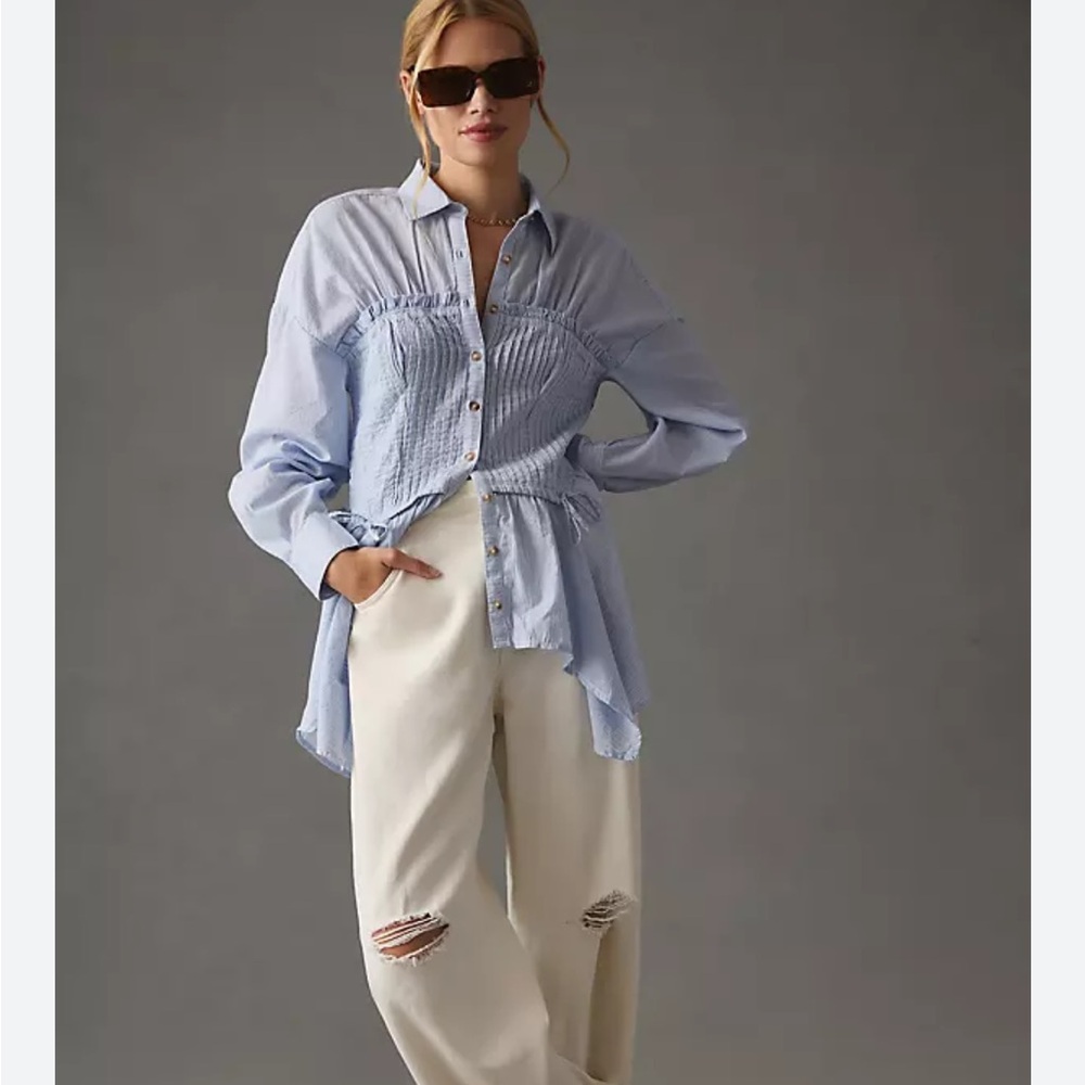 Pilcro Light Blue Pinstripe Peplum Button-Down Blouse - Picture 8 of 8